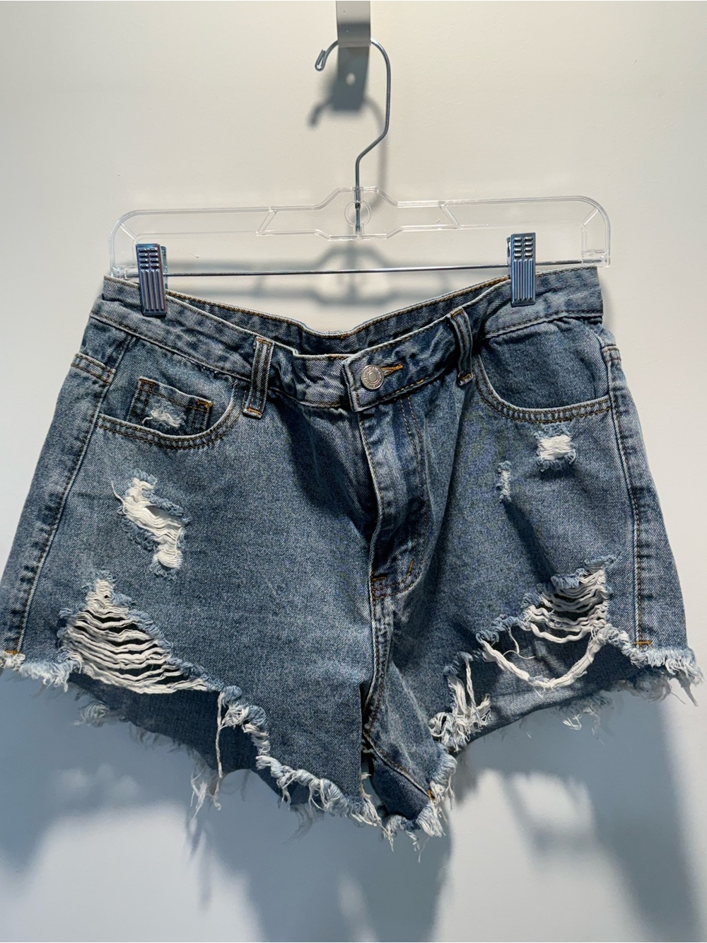 SHEIN Blue Distressed High-Waist Ripped Denim Shorts